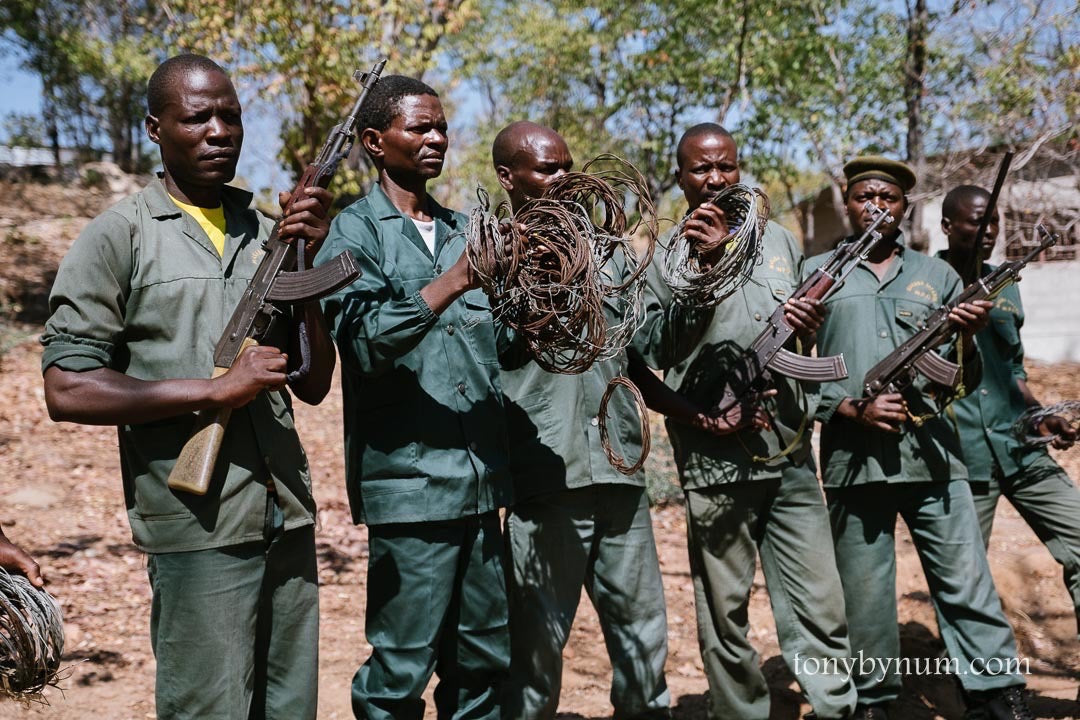 Killing the Shepherd Documentary - Group of Zambian patrol men in green uniforms holding weapons and snares in a natural setting